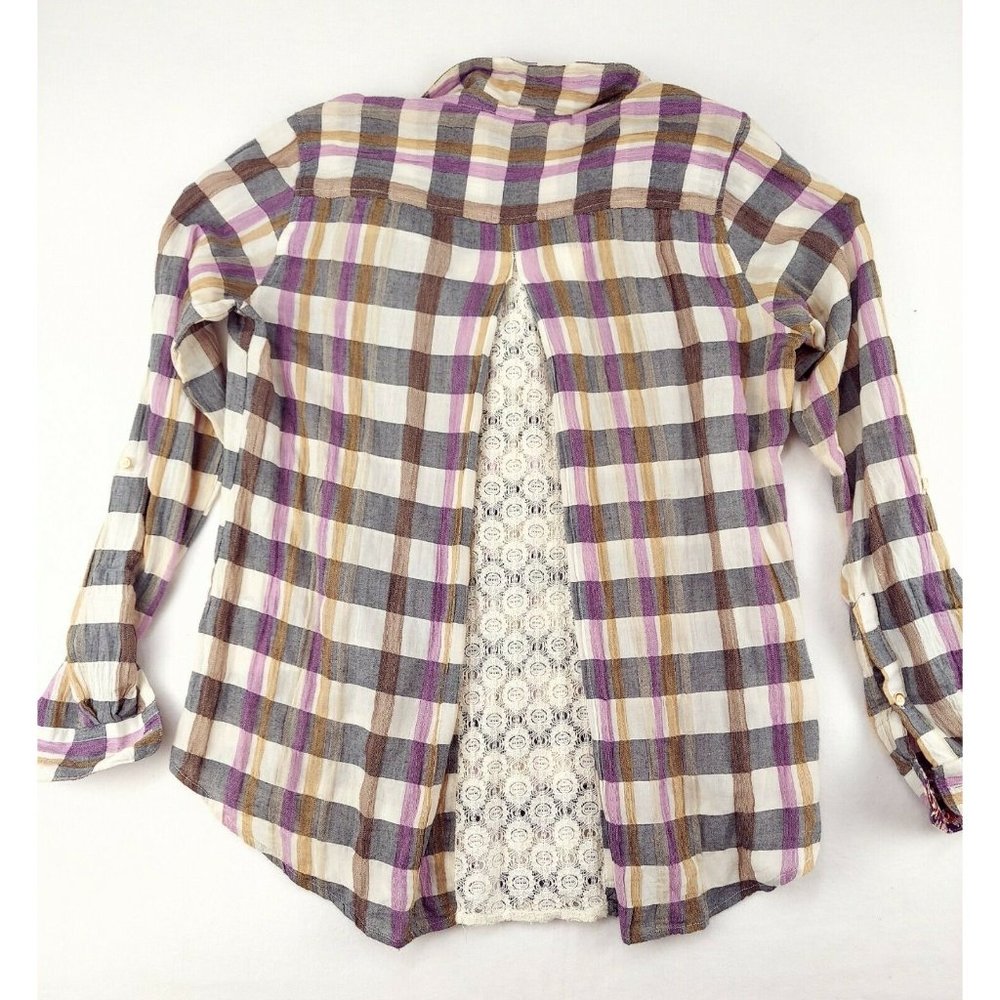 Isabella Sindair Womens Sz S Multicolor Plaid Button Down lace Back Blouse Top